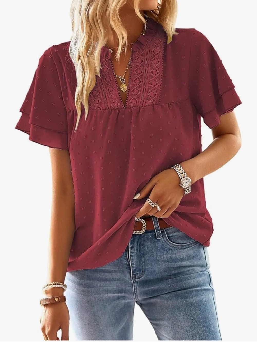 Falechay Women's Burgundy/red Lace Yoke Short Sleeve Top